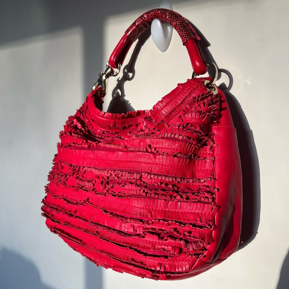 Jimmy Choo Red Suede Leather and Snakeskin Fringe Hobo Shoulder Bag - Picture 4 of 16